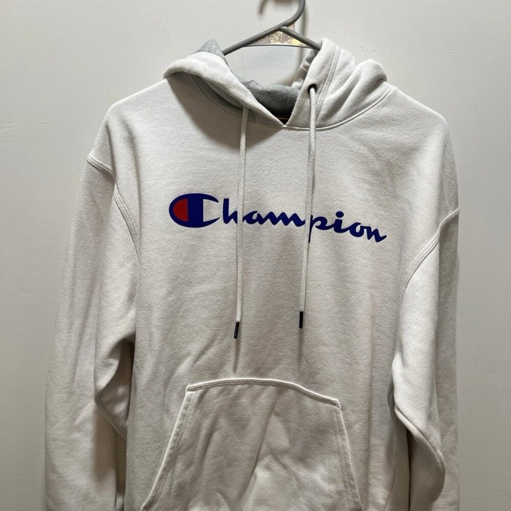 Champion Spellout Sweater Adult Medium White Hoodie Sweatshirt Pullover Mens